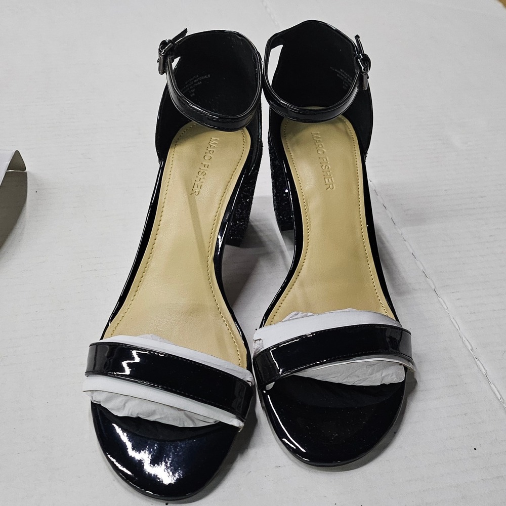 Marc‎ Fisher Safia Black Patent Glitter Block Heel Sandals 8.5M QMSAFIA NEW